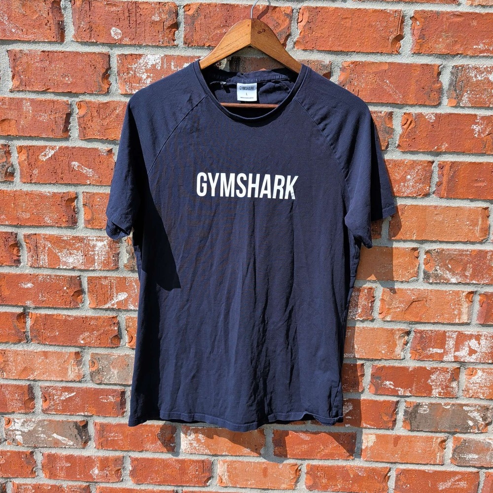 Gymshark T-Shirt Mens Large Navy Blue Raglan Sleeve Logo Graphic Tee